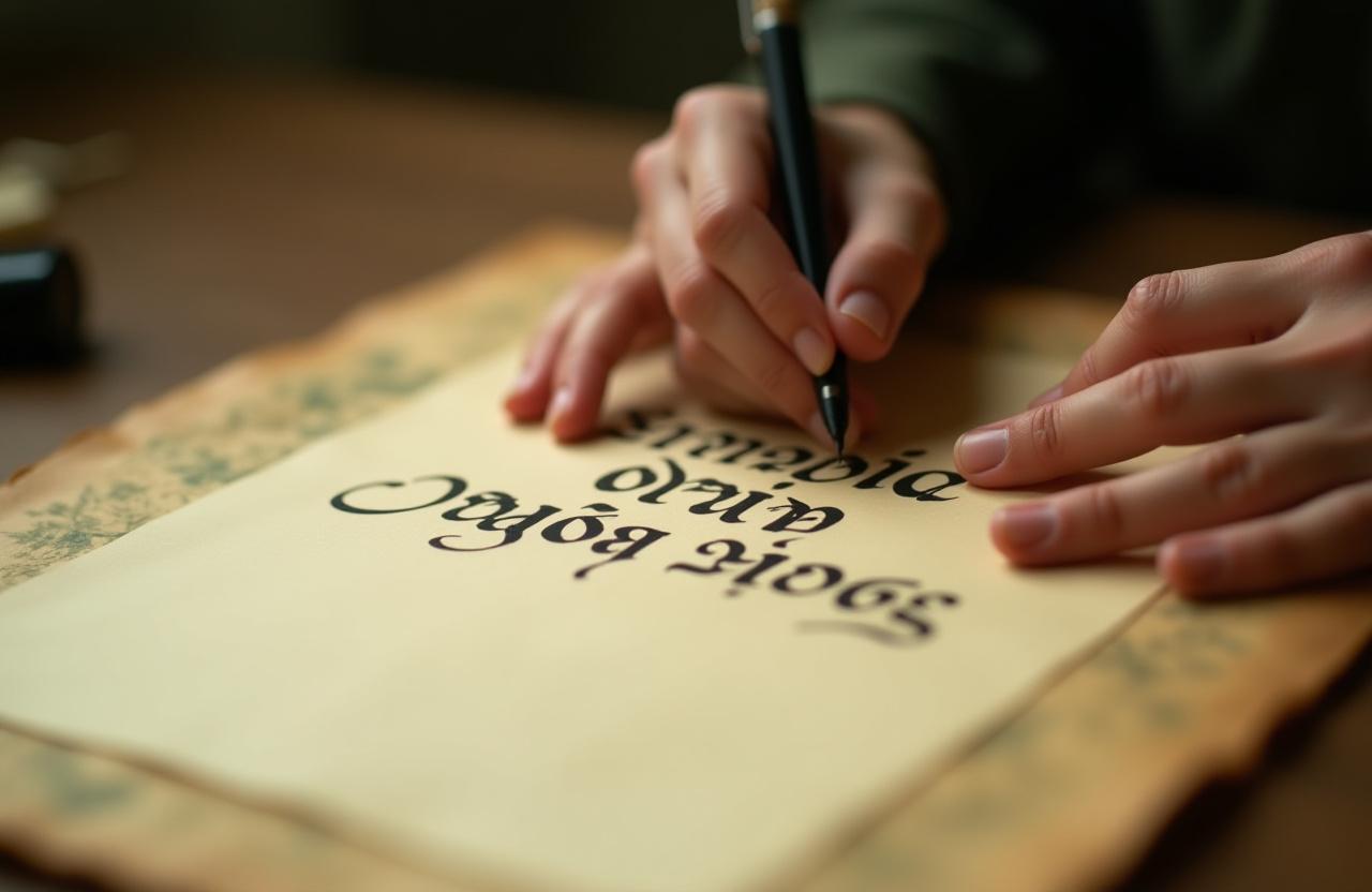 A calligrapher's hands gracefully writing on parchment paper.